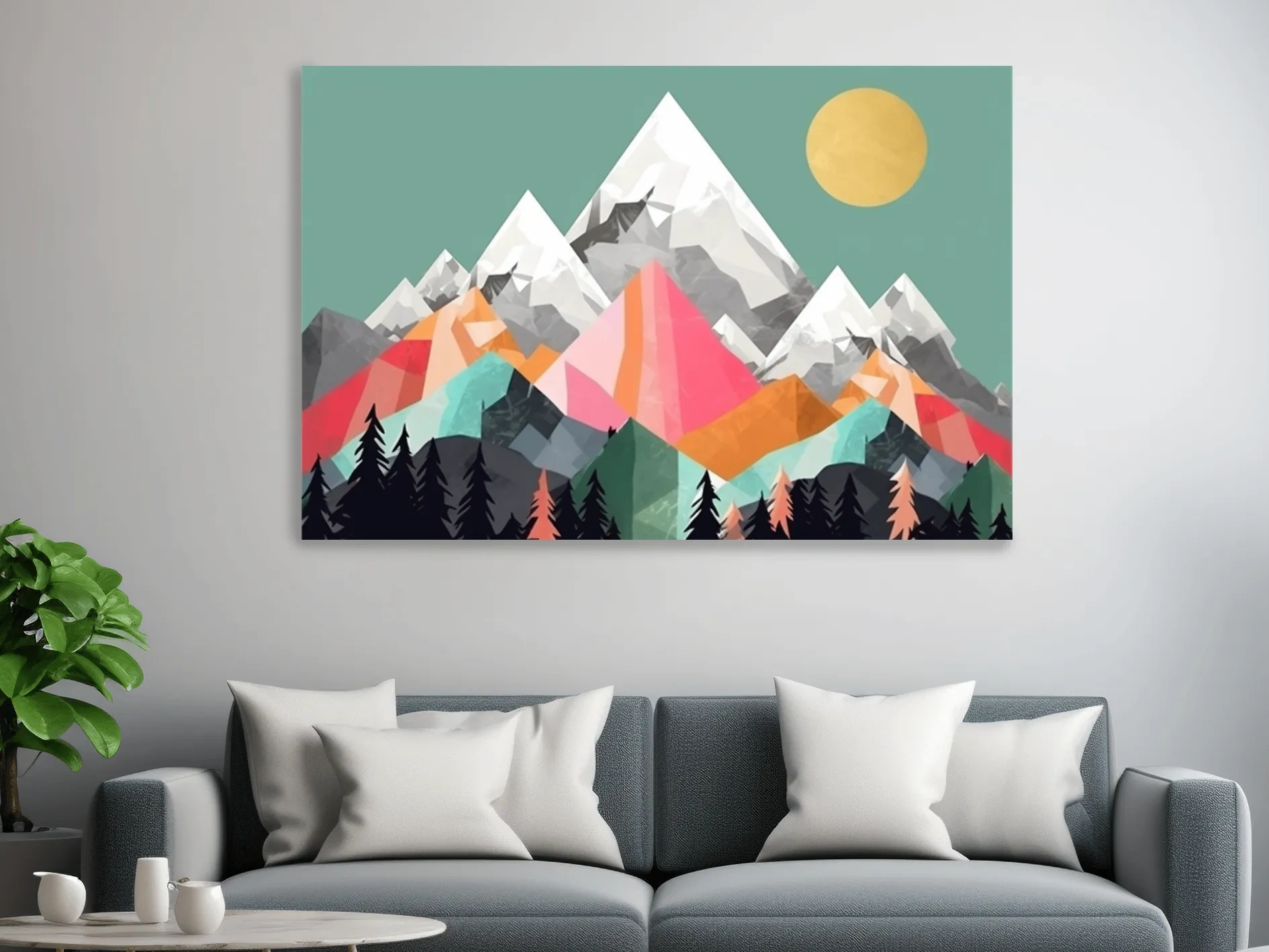 Geometric Abstract 2D Mountain Sunrise Art - Colorful Mid Century Wall Art
