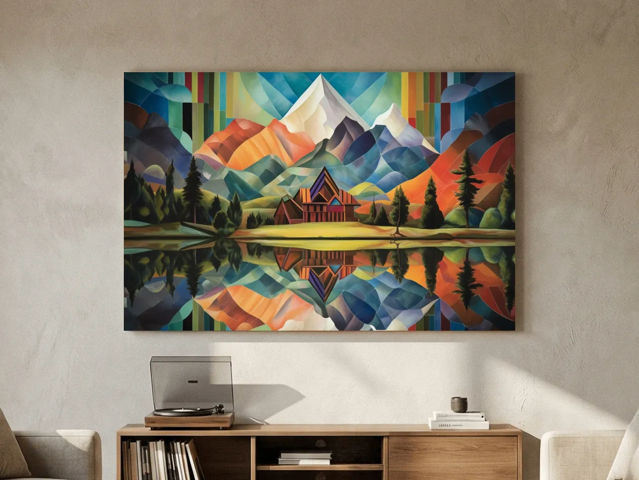 Vibrant Geometric Mountain Cabin Lake Reflection - Colorful Abstract Landscape Wall Art