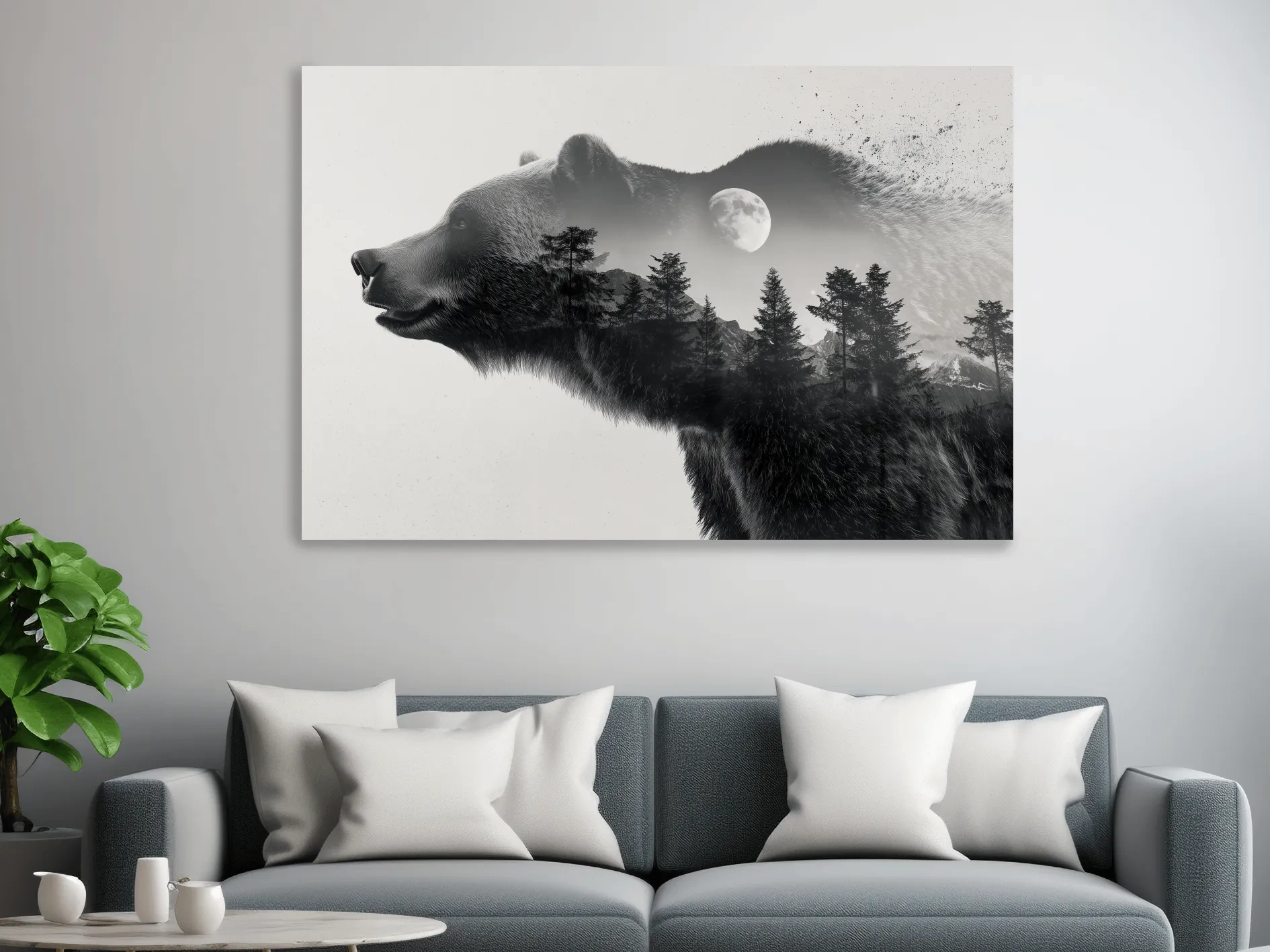 Grizzly bear wall art, moonlit forest double exposure artwork