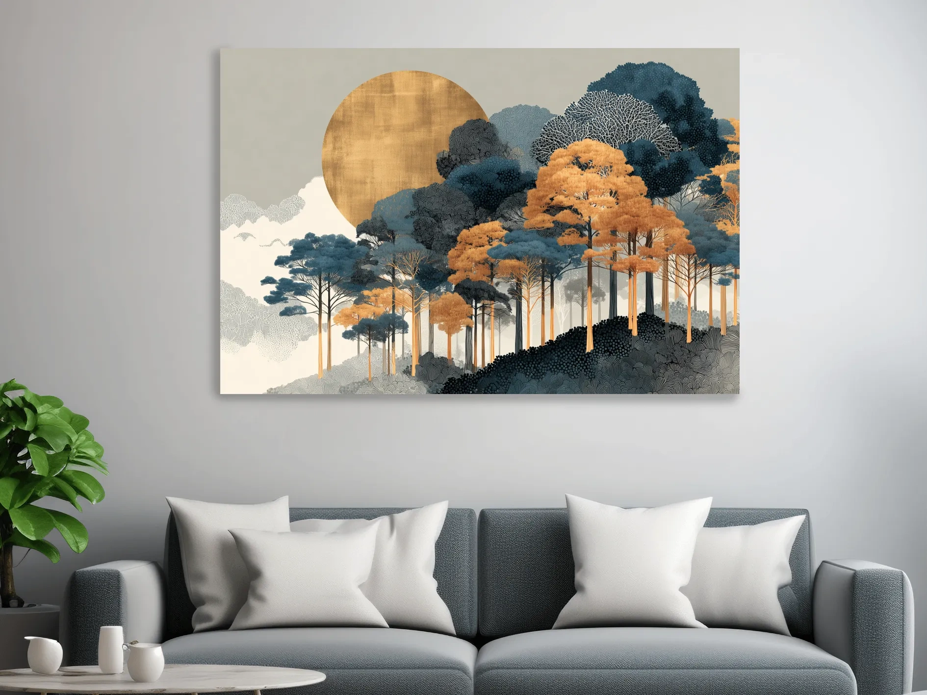 Modern Chic Golden Sun Over Autumn Forest - Elegant Boho Landscape Wall Art