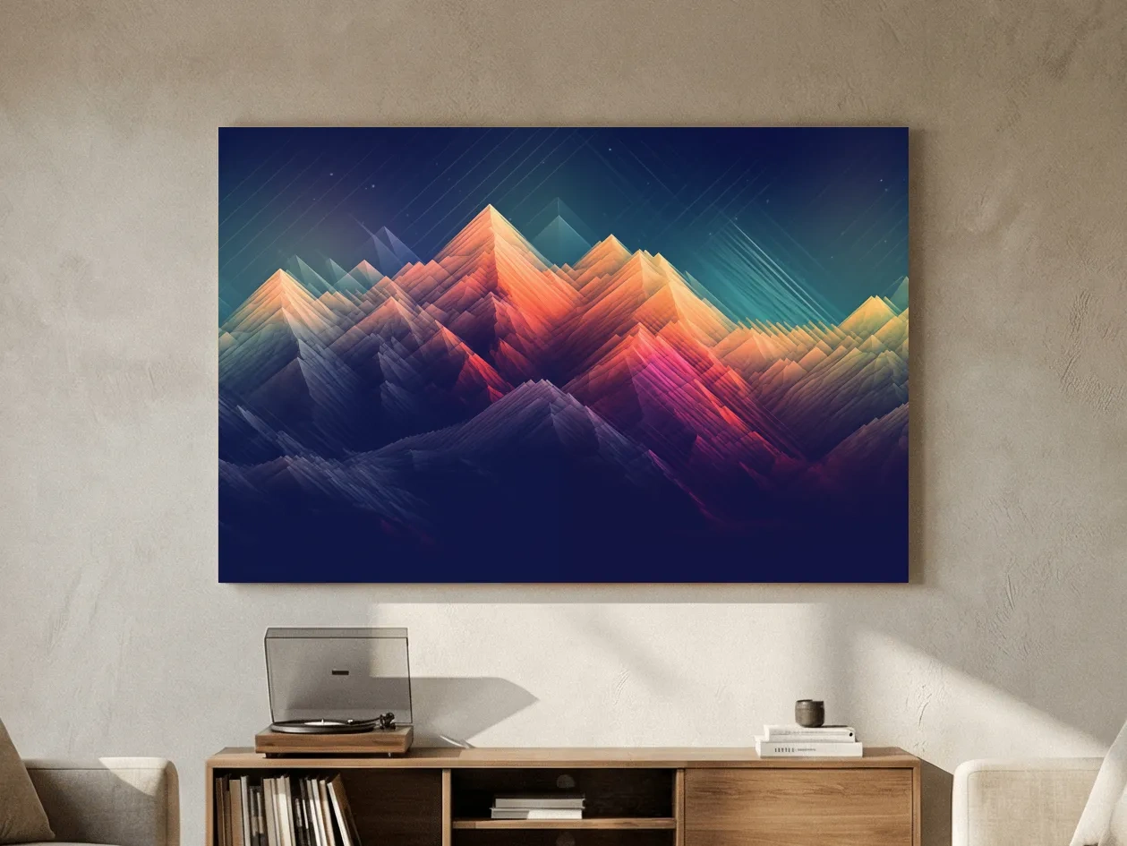 Vibrant Geometric Neon Mountain Peaks - Abstract Alpine Wall Art