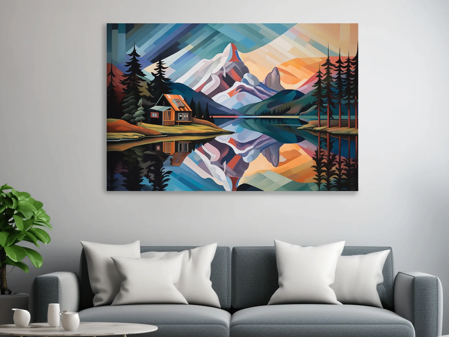 Mountain Cabin by the Lake Canvas Print - Abstract Oil Painting Sunset Wall Art