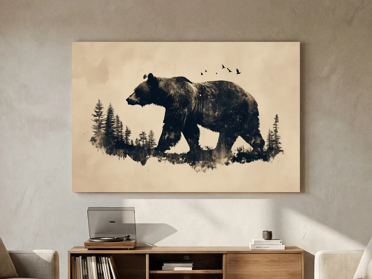 Vintage Grizzly Bear Forest Silhouette - Rustic Wildlife Wall Art