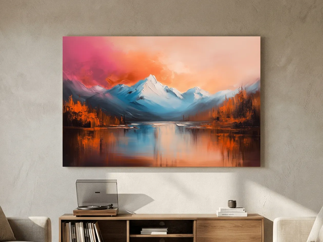 Sunset Mountain Lake Painting - Serene Abstract Landscape Wall Art Print
