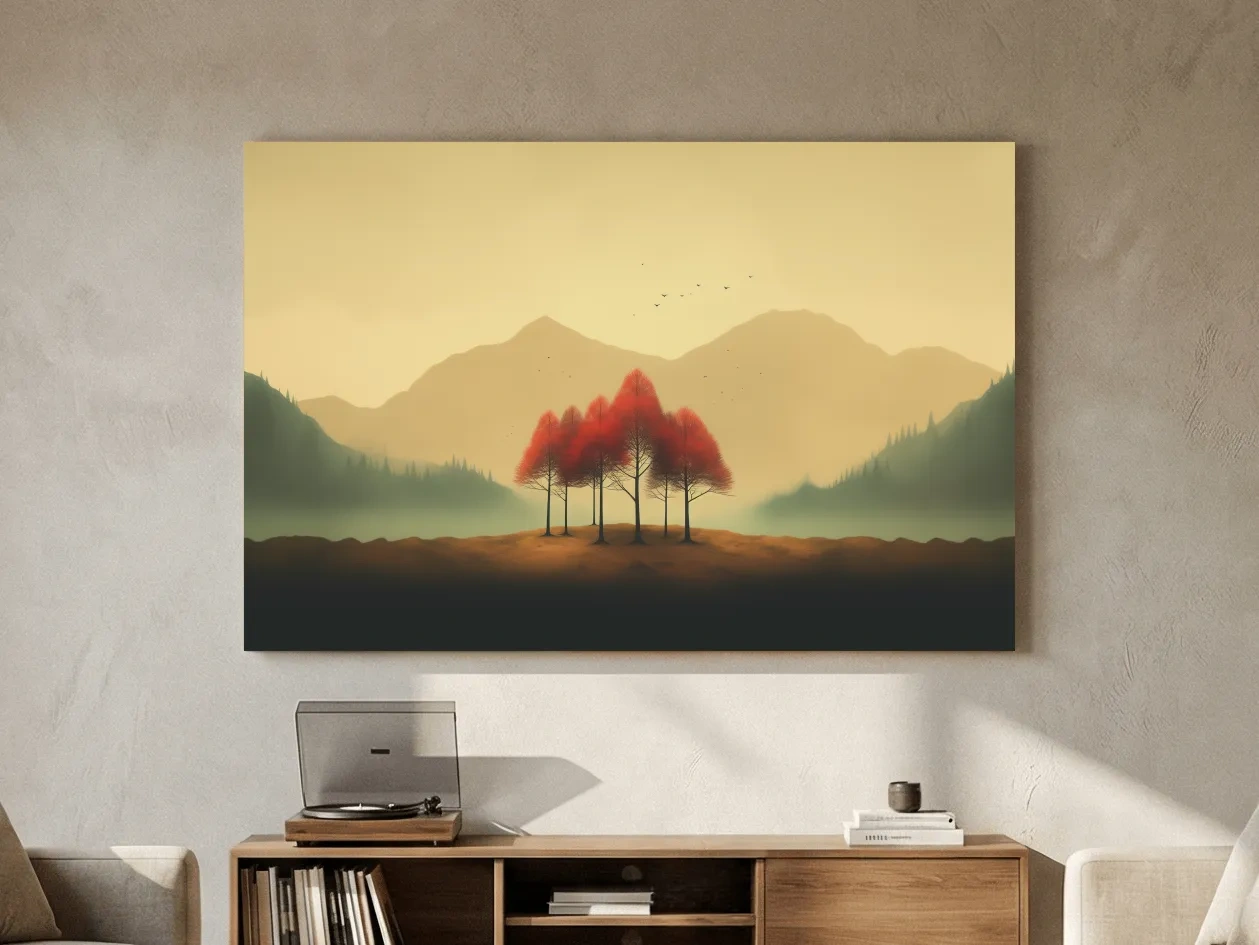 Minimalist Autumn Tree Grove Landscape - Misty Mountain Forest Wall Art