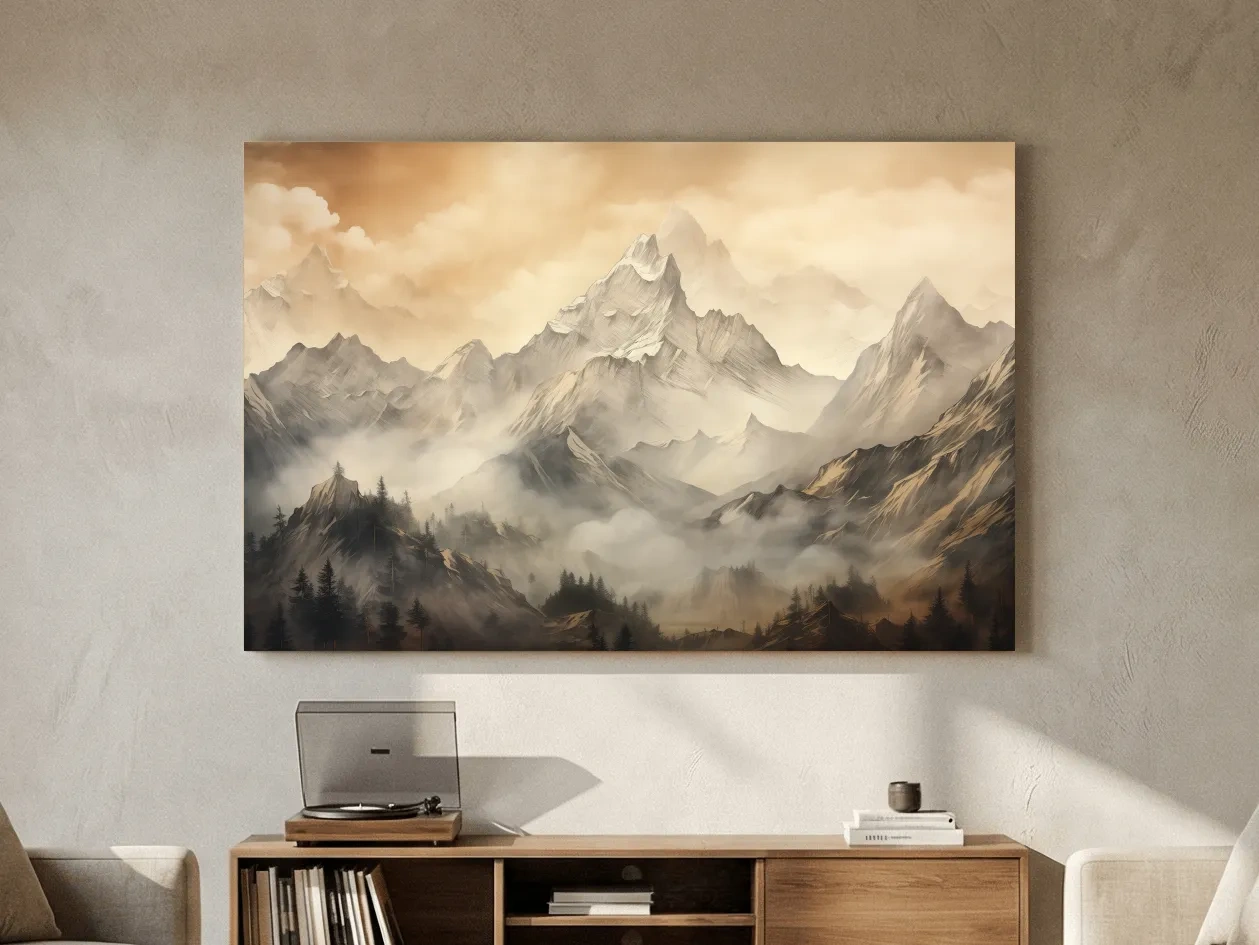 Moody Sepia Misty Mountain Peaks - Atmospheric Alpine Landscape Painting Wall Art