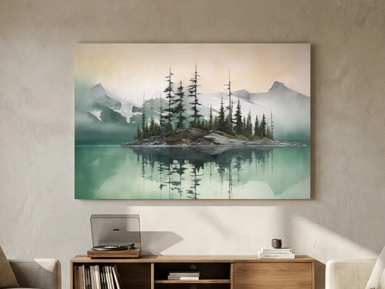 Misty Turquoise Alpine Lake Reflection - Serene Watercolor Mountain Landscape Wall Art