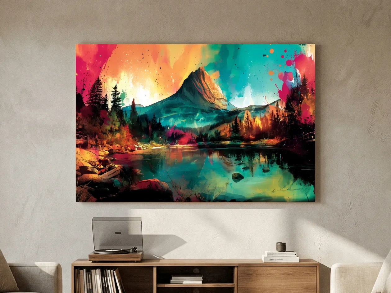 Vibrant Abstract Alpine Mountain Sunrise - Colorful Watercolor Style Artwork