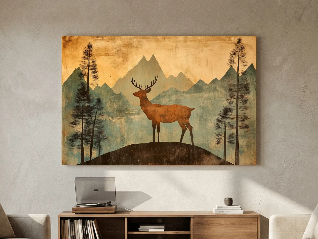 Rustic Deer Silhouette Mountain Landscape - Vintage Woodland Wall Art
