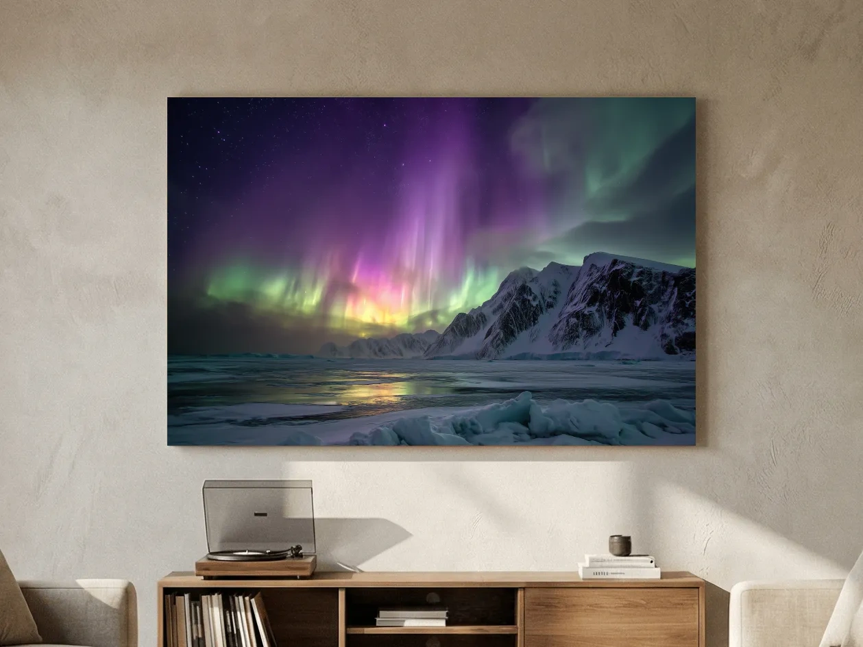 Vibrant Northern Lights Over Snowy Mountains - Aurora Borealis Photographic Night Sky Wall Art