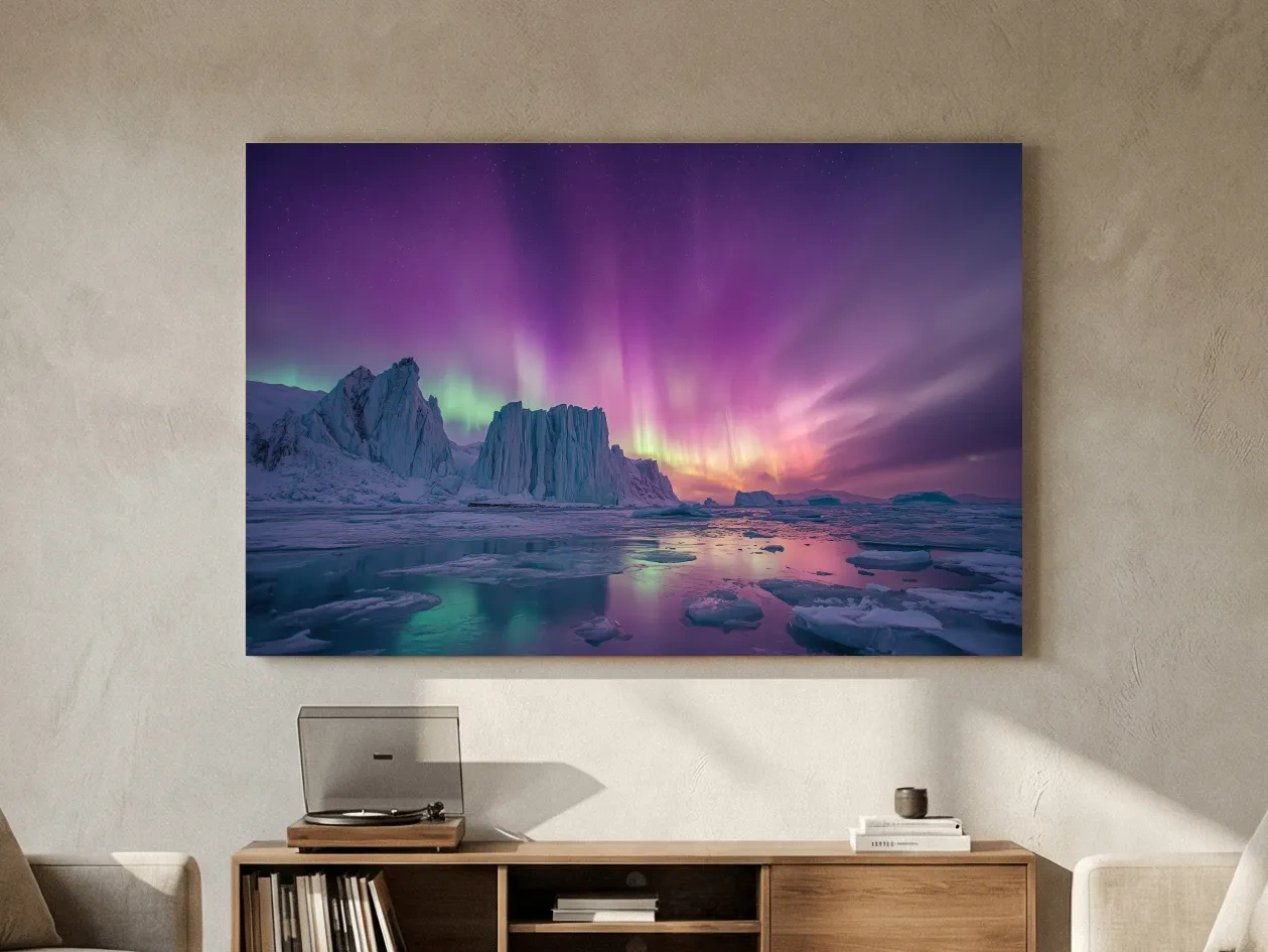 Vibrant Purple Northern Lights Over Arctic Icebergs - Aurora Borealis Landscape Wall Art