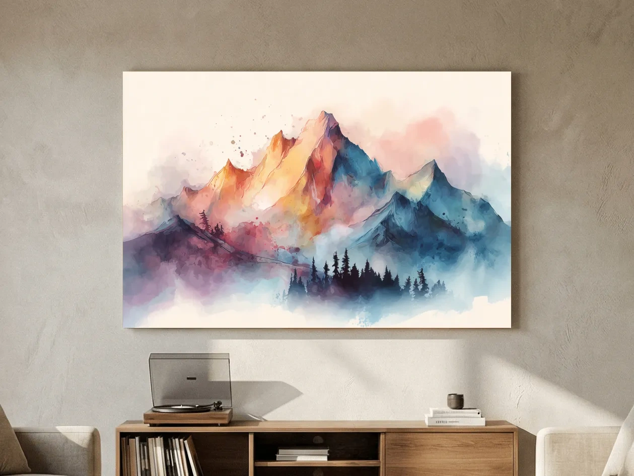 Vibrant Watercolor Mountain Peaks - Colorful Misty Alpine Forest Wall Art