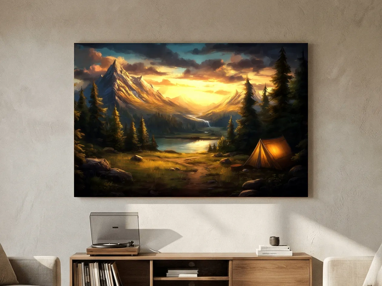 Golden Sunset Alpine Camping Scene Impressionist Painting - Scenic Mountain Wall Art