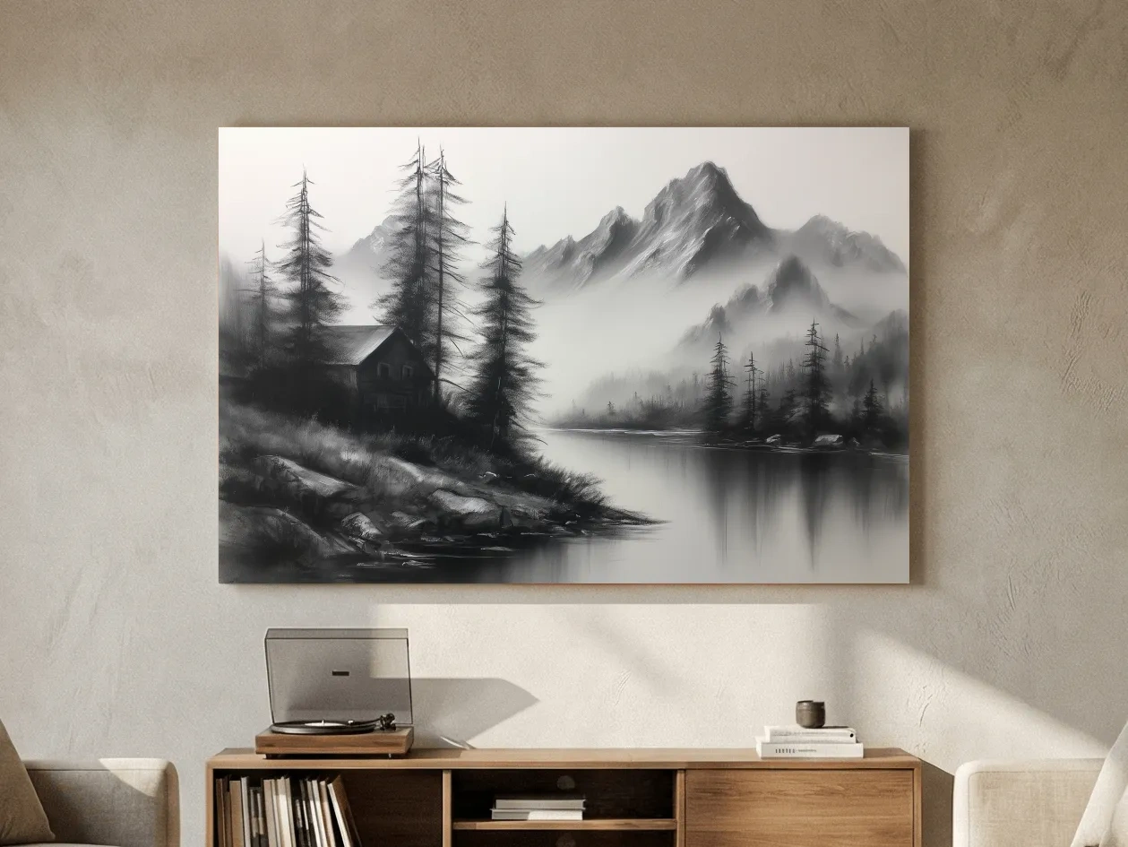 Moody Monochrome Alpine Lake Cabin - Charcoal Mountain Sketch Style Wall Art