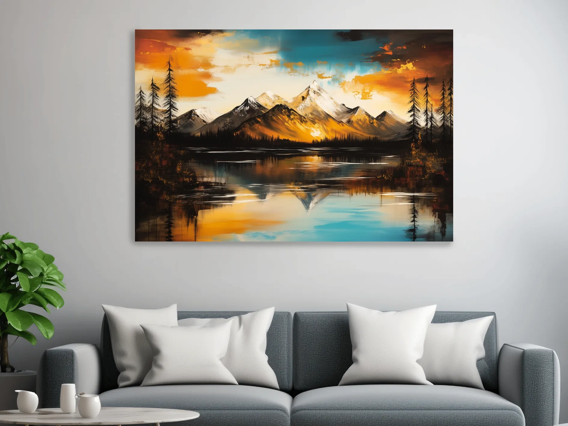 Alpine Mountain Sunset Oil Painting - Textured Abstract Landscape Wall Art
