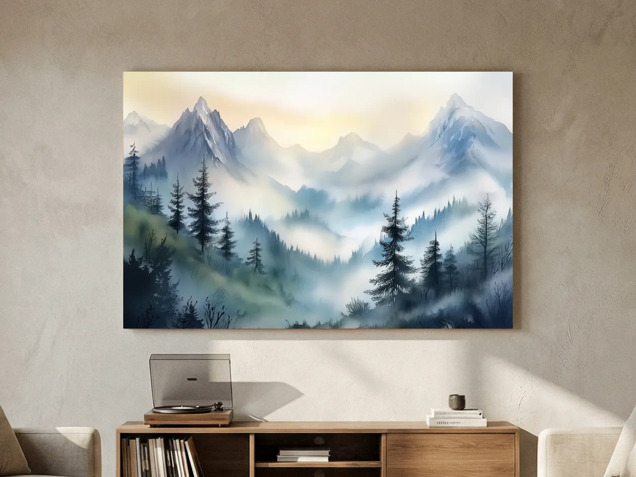 Chinese Ink Wash Watercolor Mountain Peaks - Foggy Alpine Wall Art