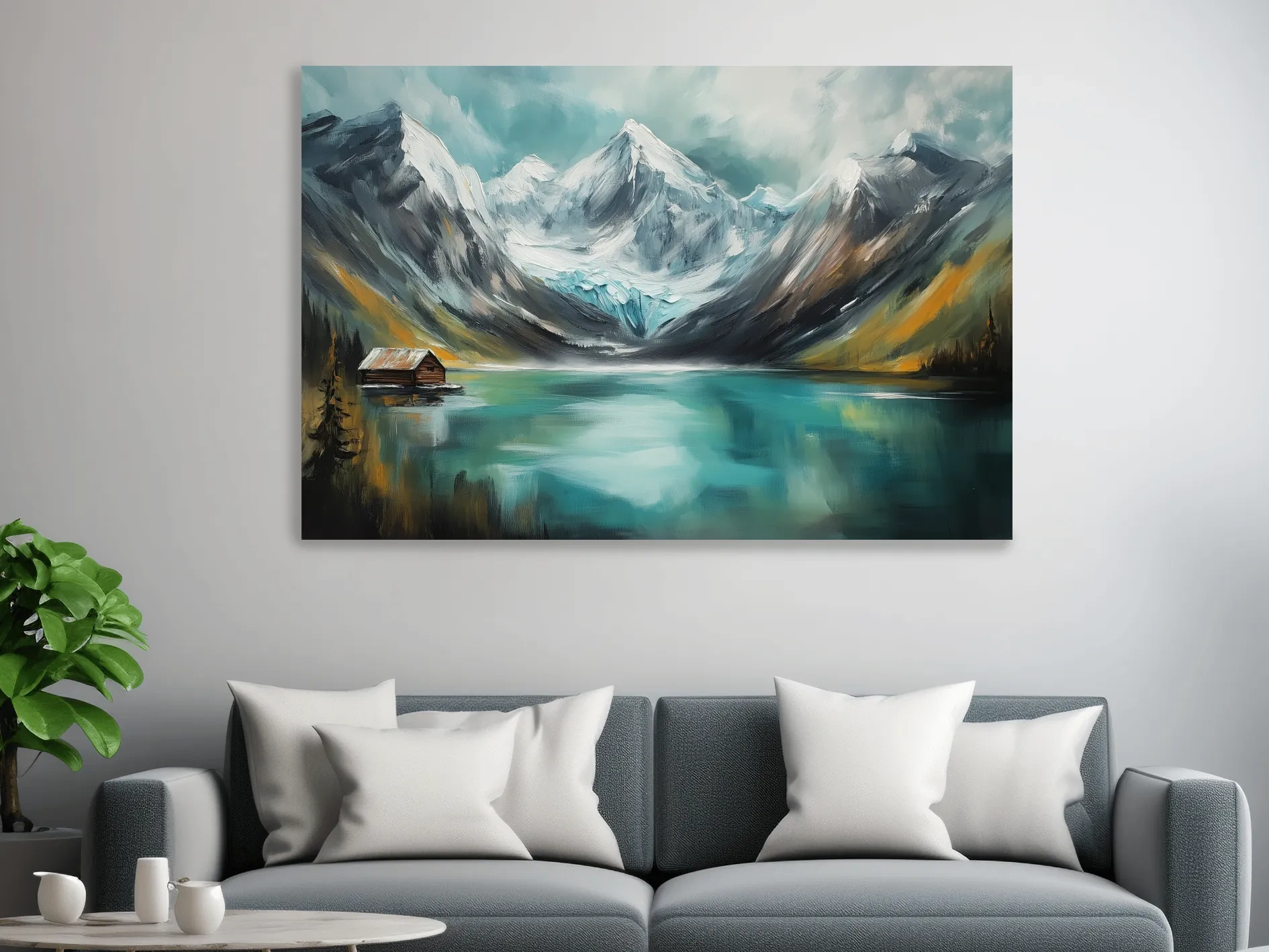 Turquoise Alpine Lake Cabin Painting - Snowy Mountain Landscape Wall Art
