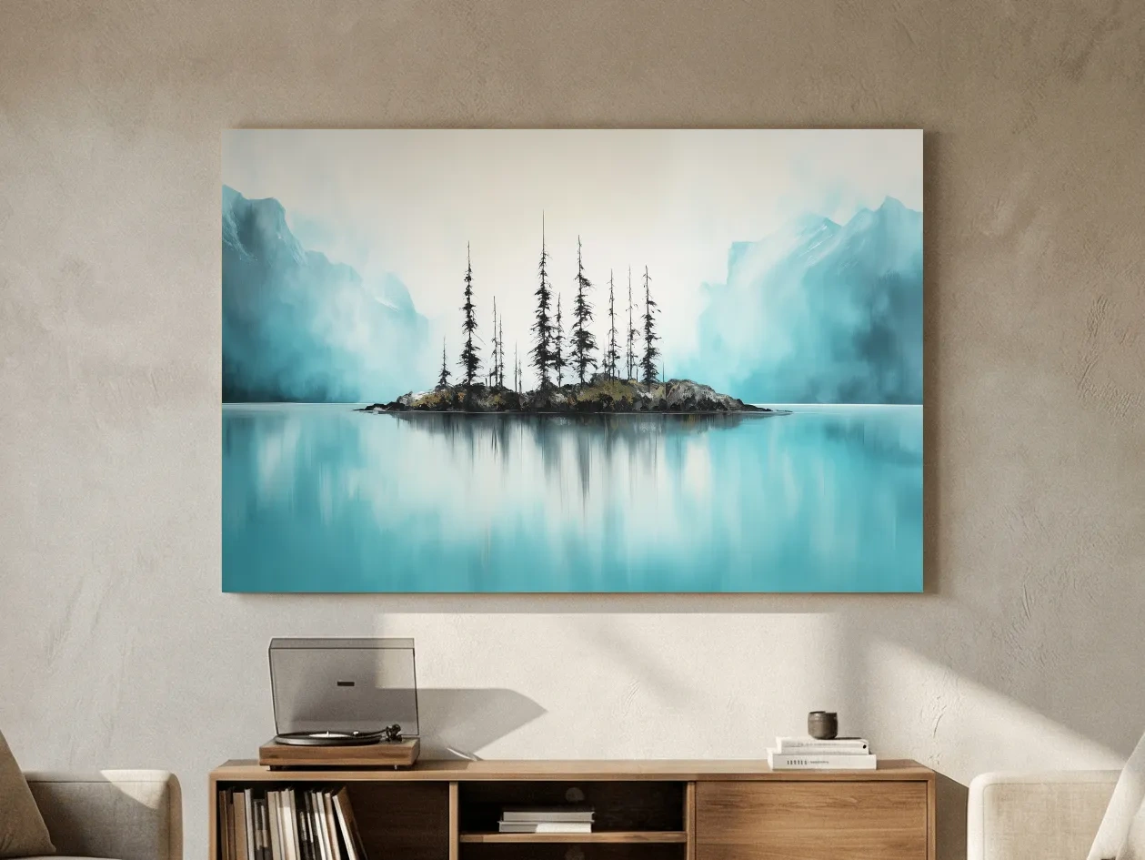 Misty Turquoise Mountain Lake Reflection - Minimalist Watercolor Landscape Wall Art