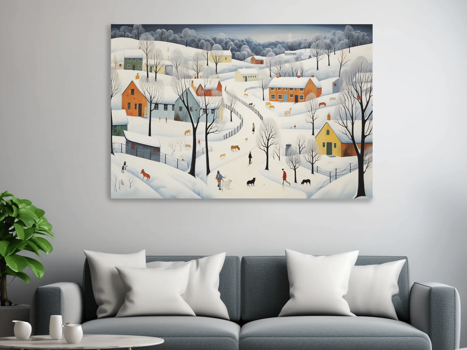 Whimsical Snowy Village Winter Landscape Painting - Folk Art Countryside Wall Art