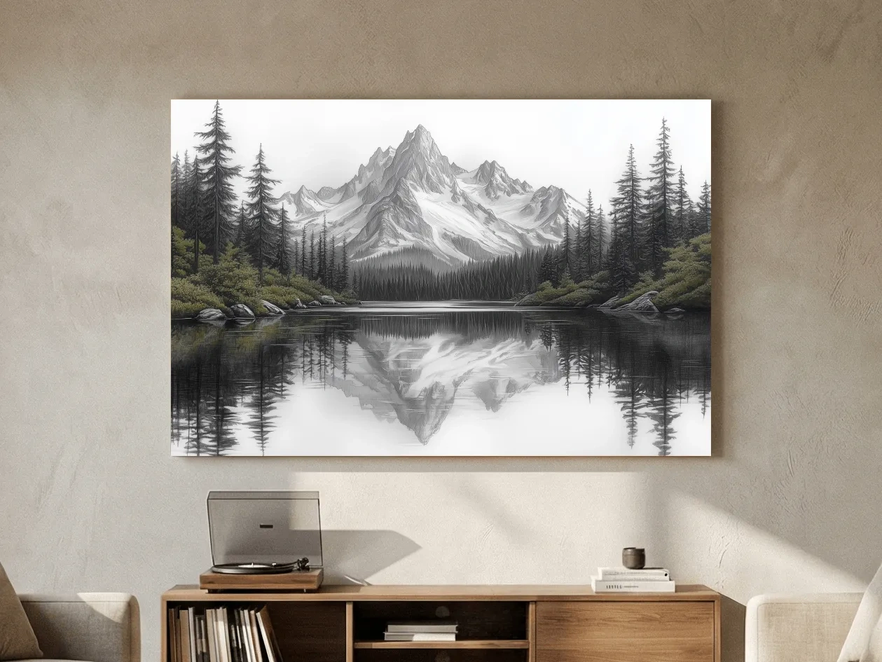Monochrome Alpine Mountain Lake Reflection Sketch Artwork - Minimalist Forest Landscape Wall Art