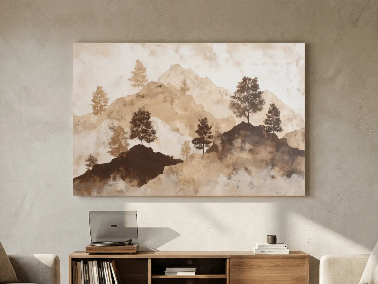 Wabi-Sabi Mountain Tree Silhouettes Painting - Minimalist Landscape Wall Art