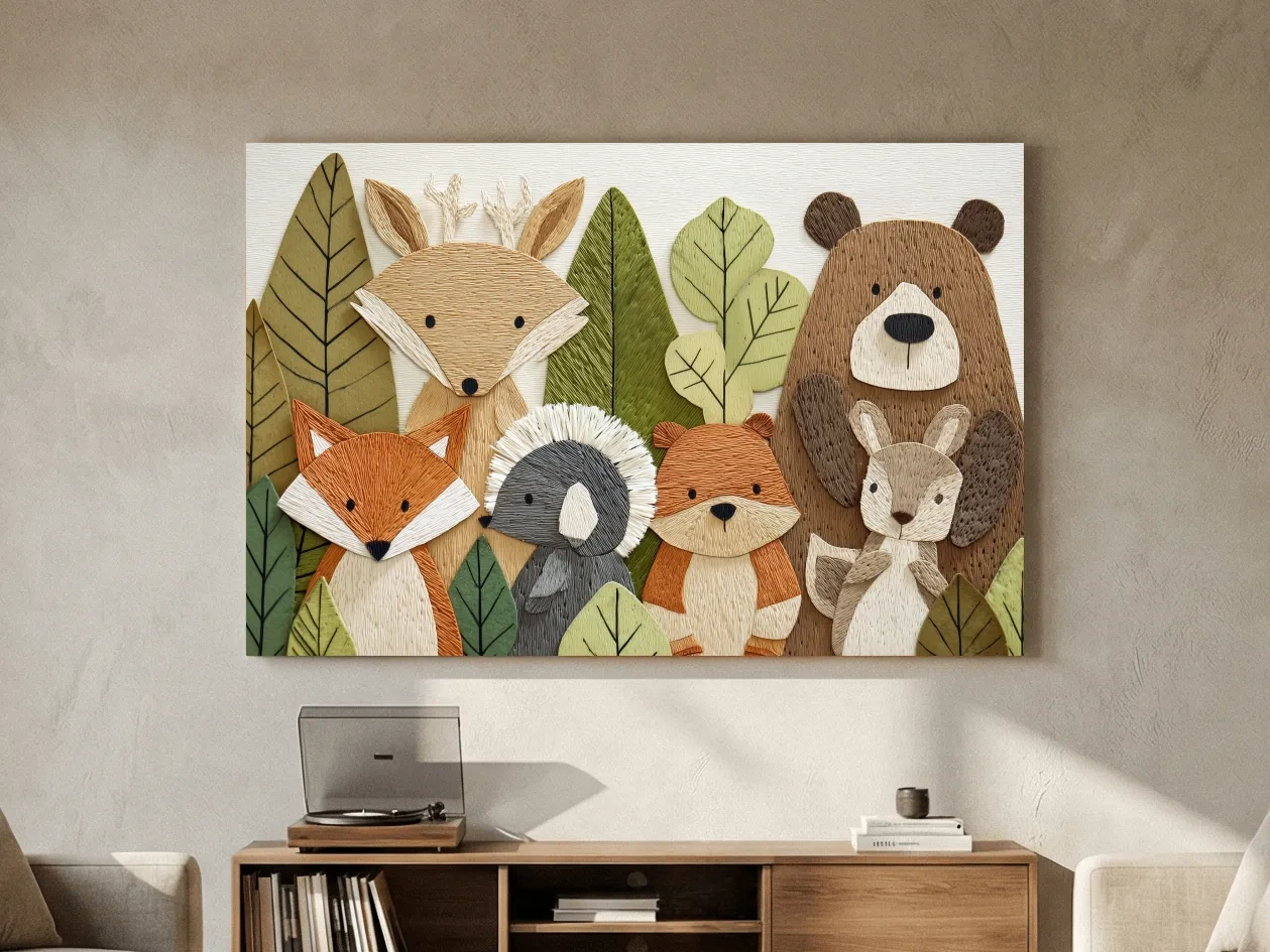Woodland Animal Nursery Decor - Cute Forest Animals Embroidery Style Wall Art
