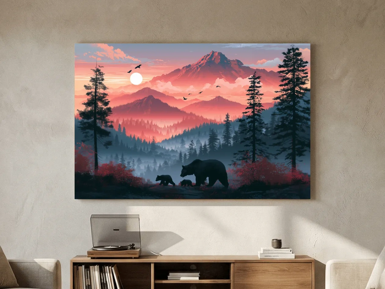 Sunset Mama Bear & Cubs Silhouette - Forest Wildlife Wall Art