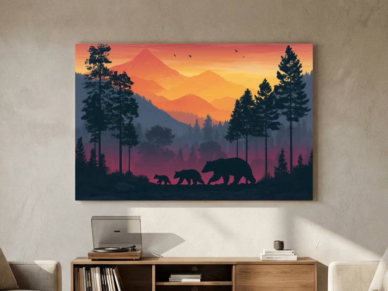 Sunset Momma Bear & Cubs Silhouette - Forest Wildlife Wall Art