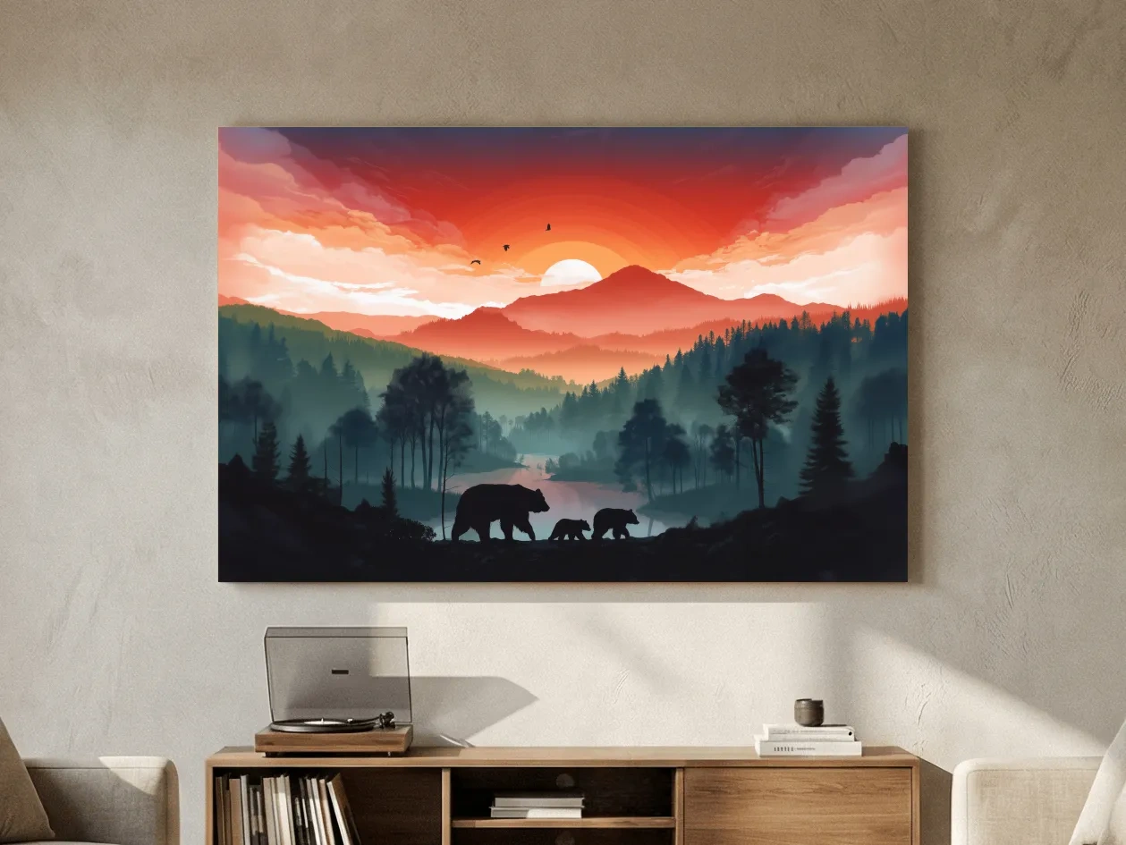 Sunset Bear Family Silhouette Landscape - Misty Mountain Forest Wall Art