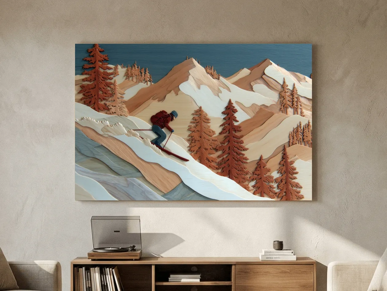 Wood Intarsia Style Skier Mountain Scene - Winter Alpine Wall Art