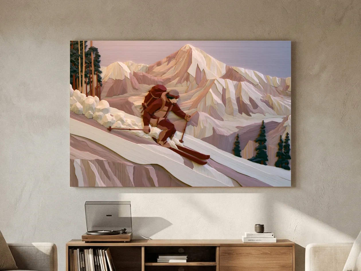 Geometric Backcountry Skier In Alpine Peaks - Winter Mountain Adventure Wall Art