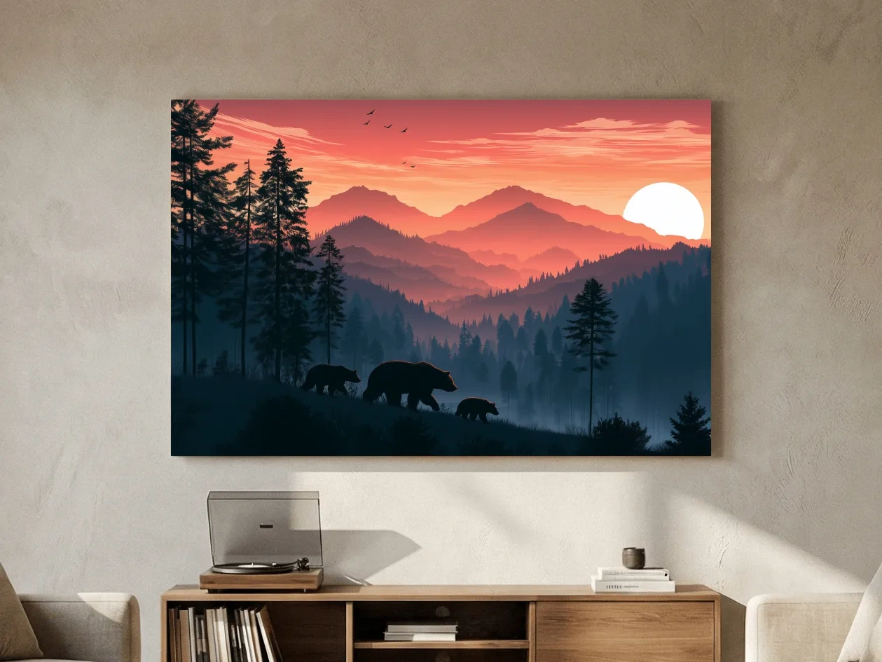 Bear Family Silhouette Mountain Sunset - Wildlife Landscape Wall Art
