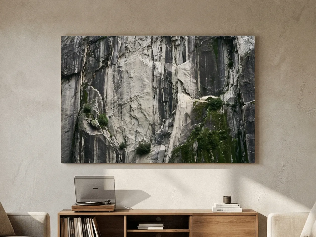 Textured Granite Cliff Face Photography - Moody Monochrome Rock Wall Art