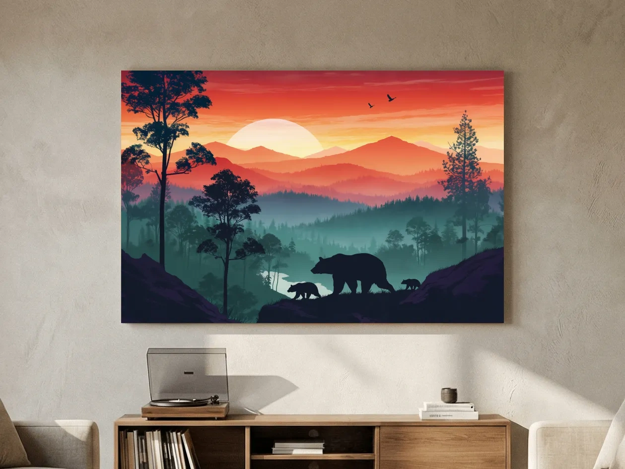 Sunset Mama Bear & Cubs Silhouette - Misty Forest Landscape Artwork