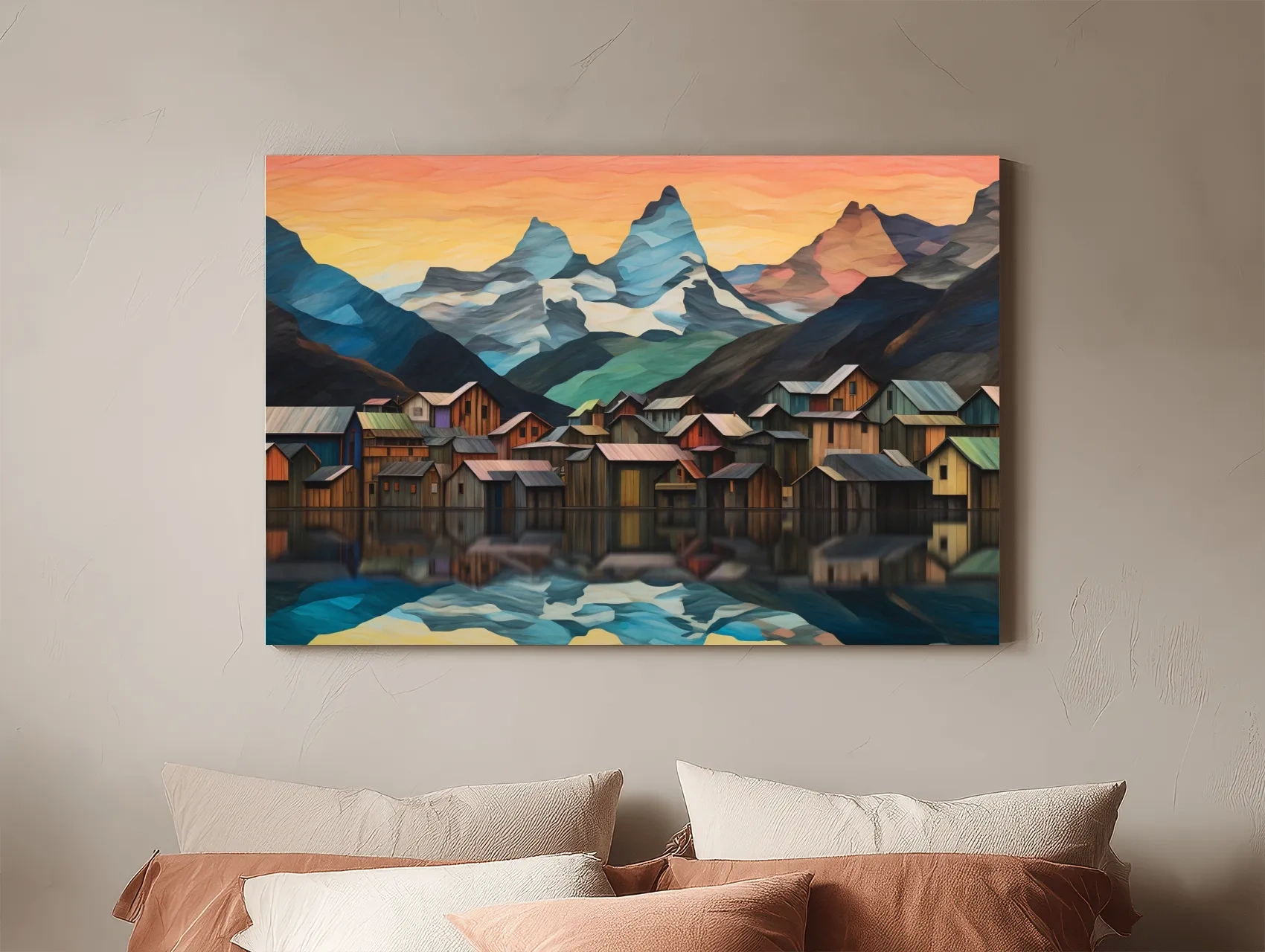 Alpine Mountain Village Reflections - Colorful Paper Cut Style Wall Art