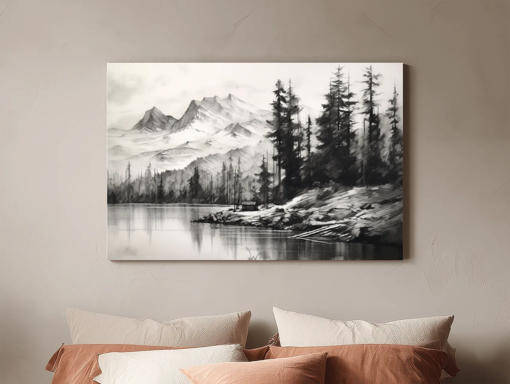 Monochrome Mountain Lake Charcoal Sketch - Pine Forest Landscape Wall Art