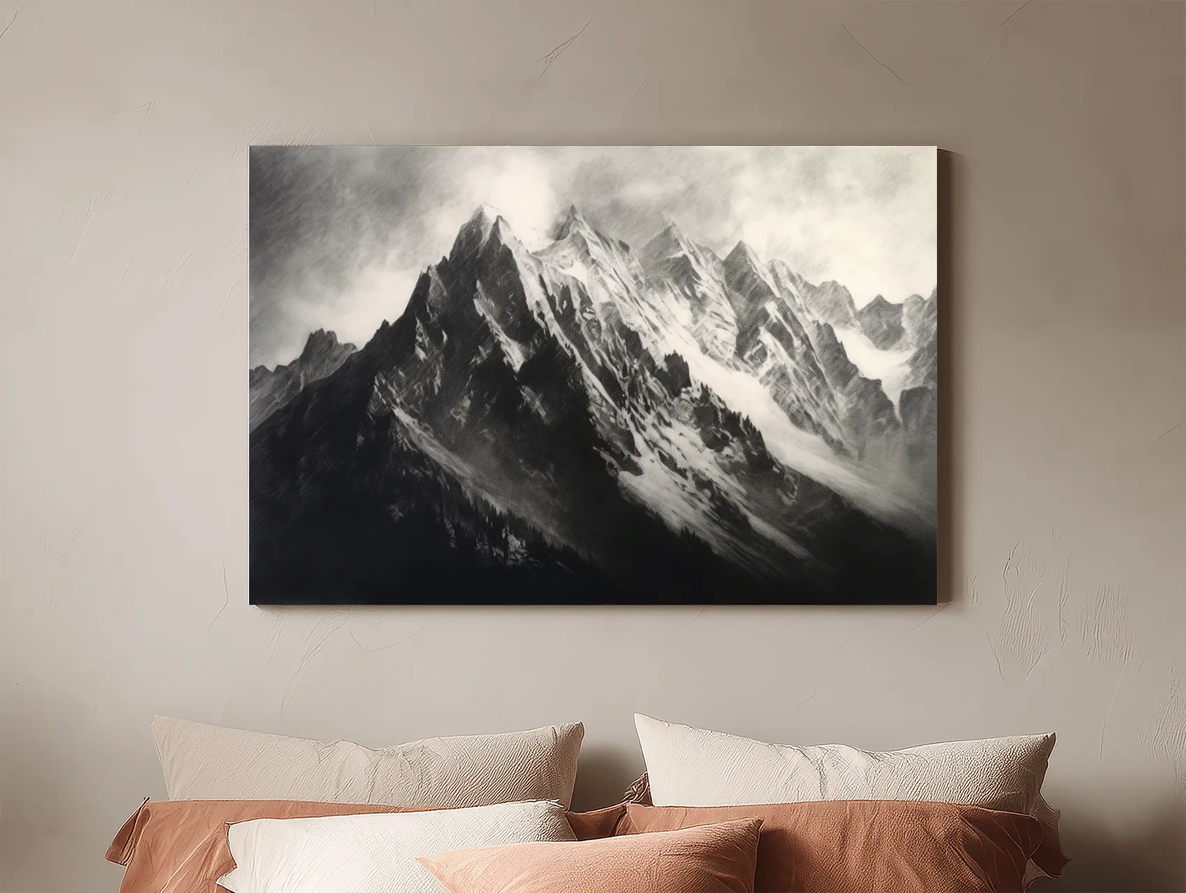 Moody Monochrome Snowy Mountain Peaks - Dramatic Charcoal Landscape Artwork