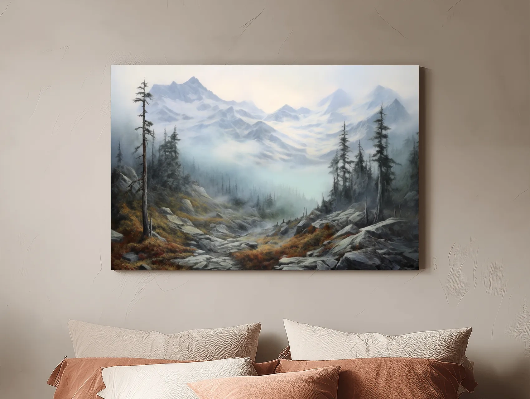 Misty Alpine Valley Painting - Moody Foggy Mountain Landscape Wall Art