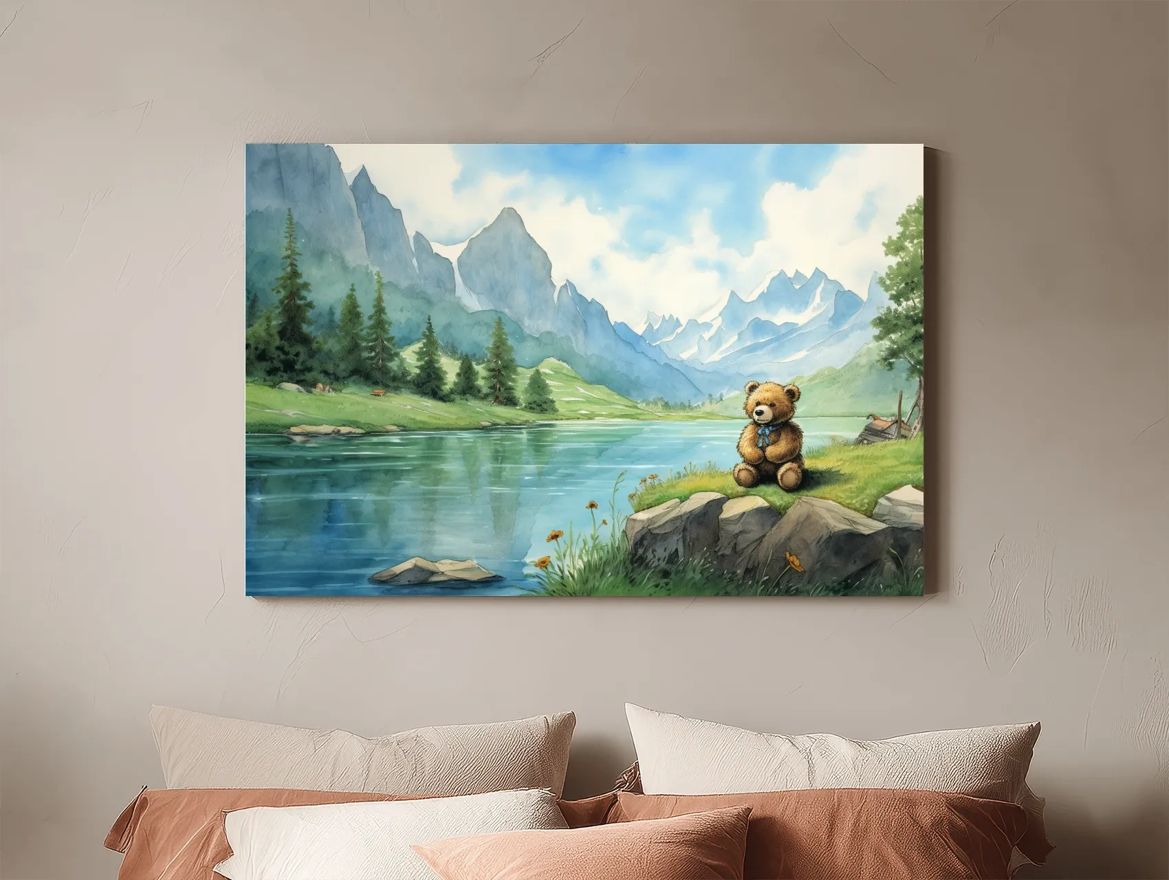 Whimsical Teddy Bear By Mountain Lake - Cute Watercolor Nursery Wall Art
