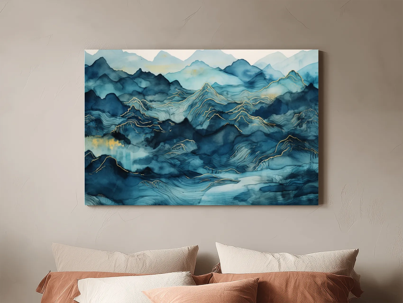 Watercolor Mountain Range With Gold Linework - Abstract Landscape Wall Art