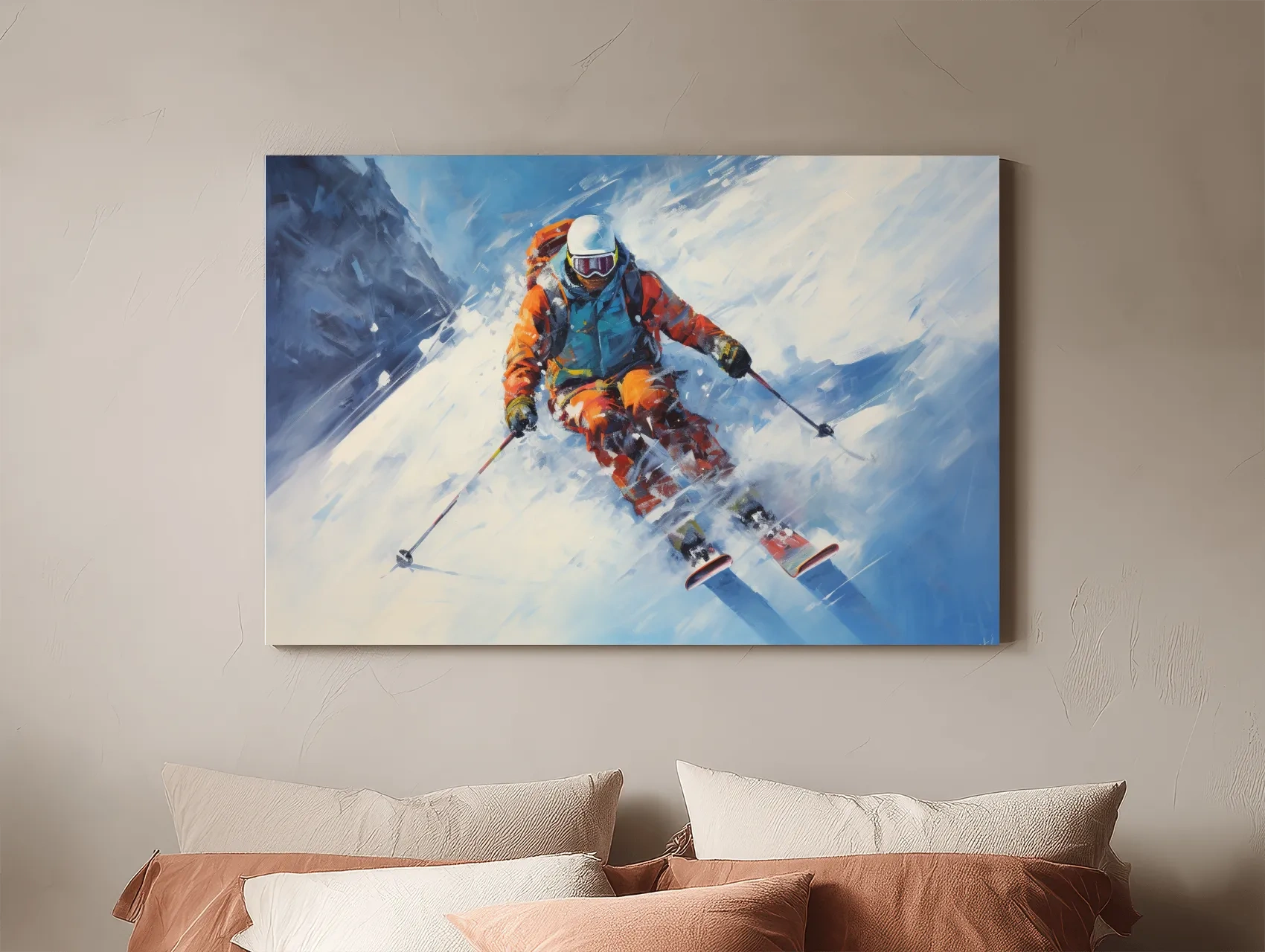 Dynamic Downhill Skier Painting - Snowy Alpine Adventure Wall Art