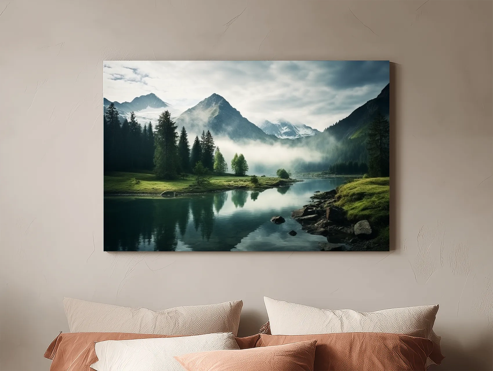 Misty Alpine Lake Reflection Landscape - Mountain Forest Photographic Wall Art