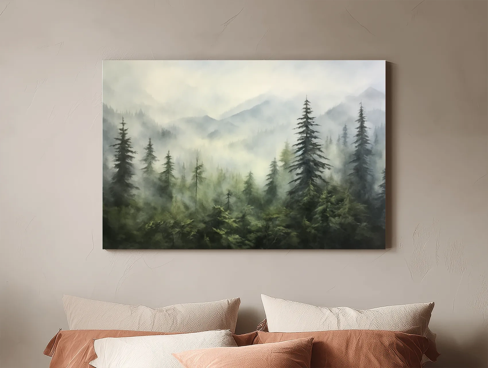 Misty Evergreen Forest Mountains Watercolor - Serene Foggy Landscape Artwork