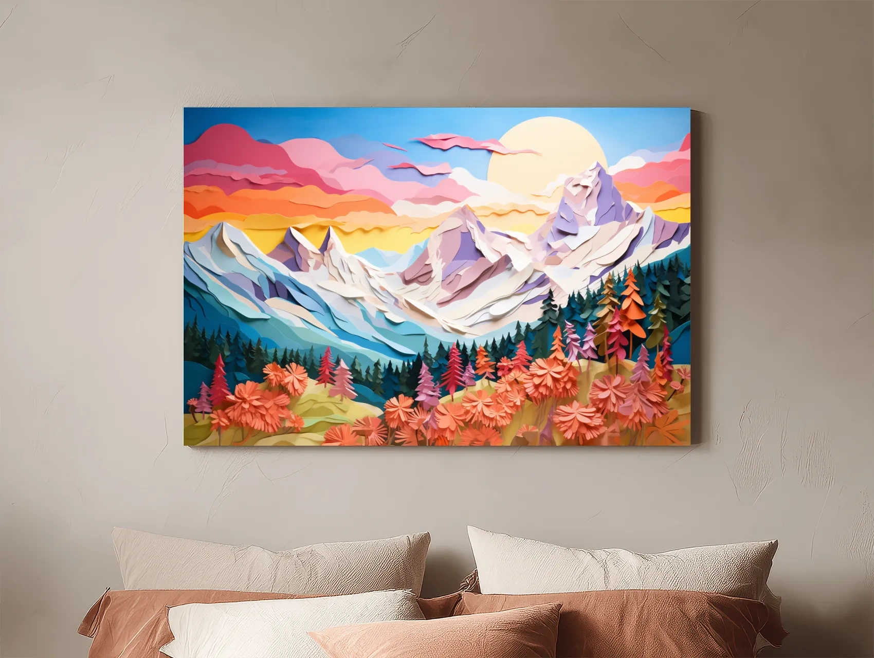 Faux Paper Cut Mountain Sunrise Landscape - Colorful Alpine Meadows Wall Art Print