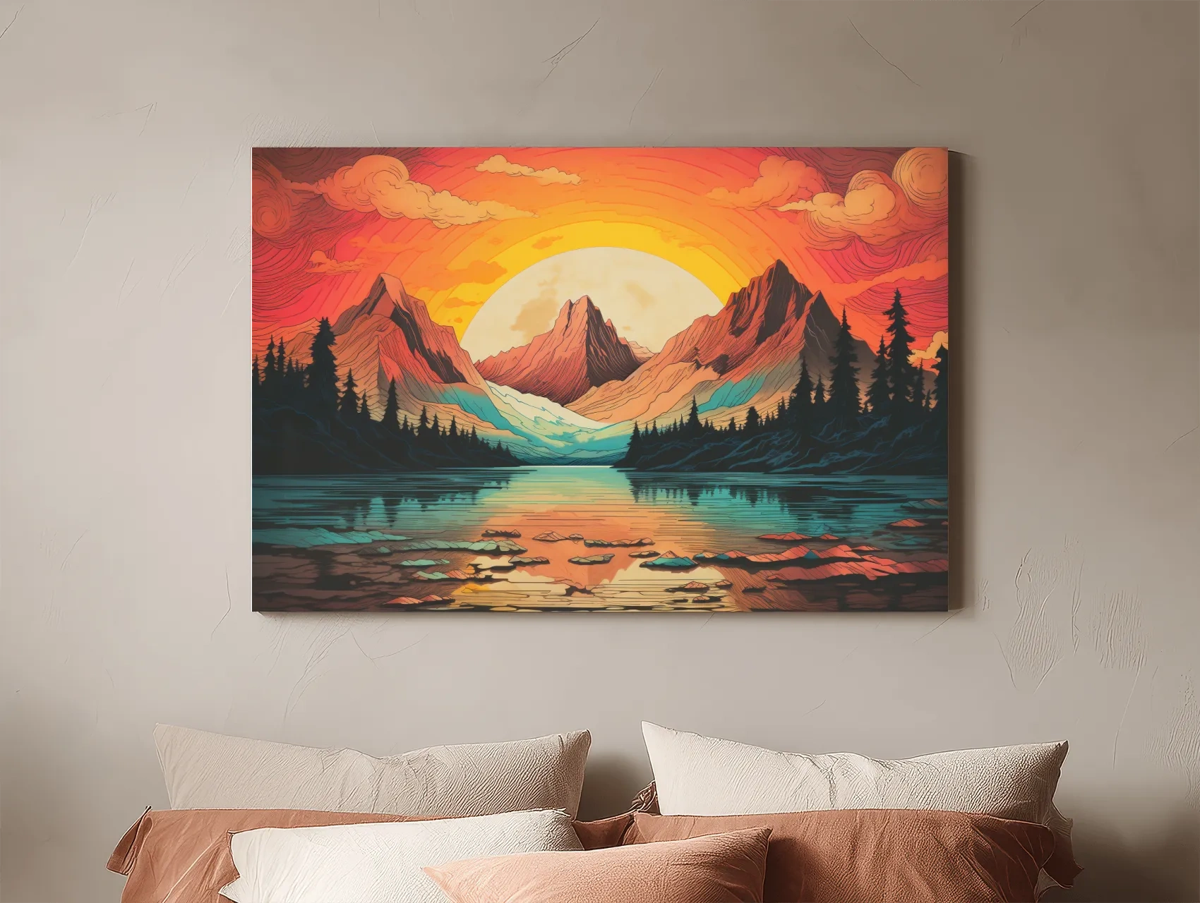Vibrant Retro Alpine Lake Sunset - Stylized Mountain Wall Art