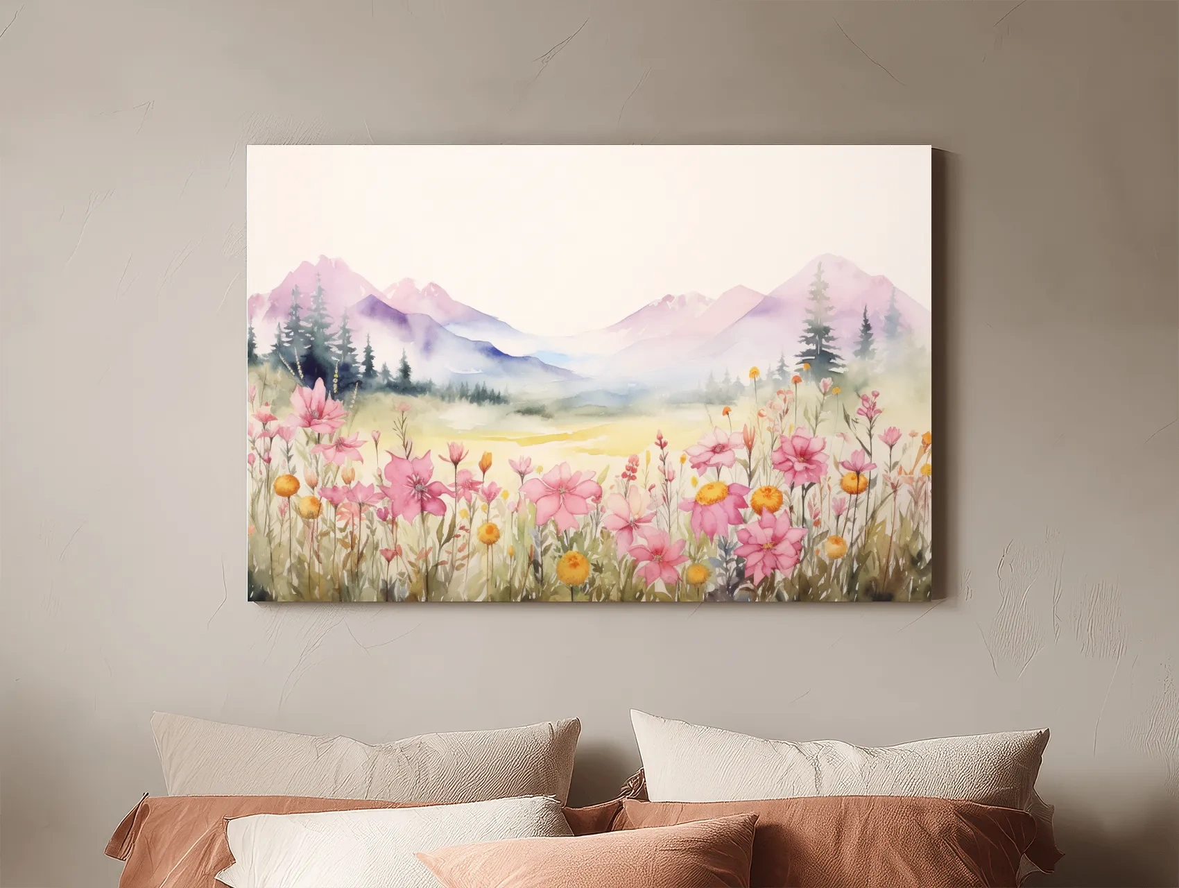 Pastel Wildflower Meadow Mountains Watercolor - Serene Alpine Wall Art