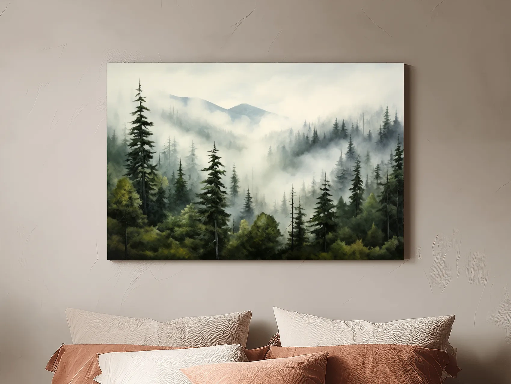 Foggy Alpine Mountain Forest Painting - Moody Watercolor Landscape Wall Art