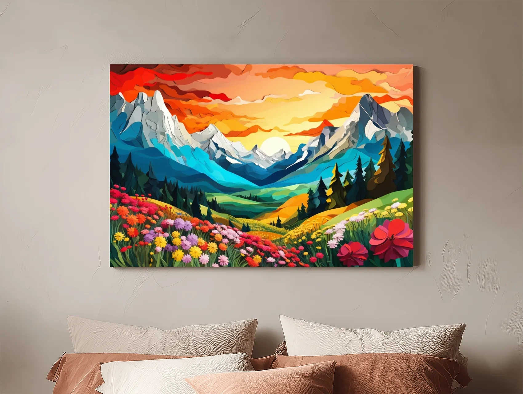 Vibrant Wildflower Mountain Valley Sunset - Colorful Paper Cutout Style Wall Art