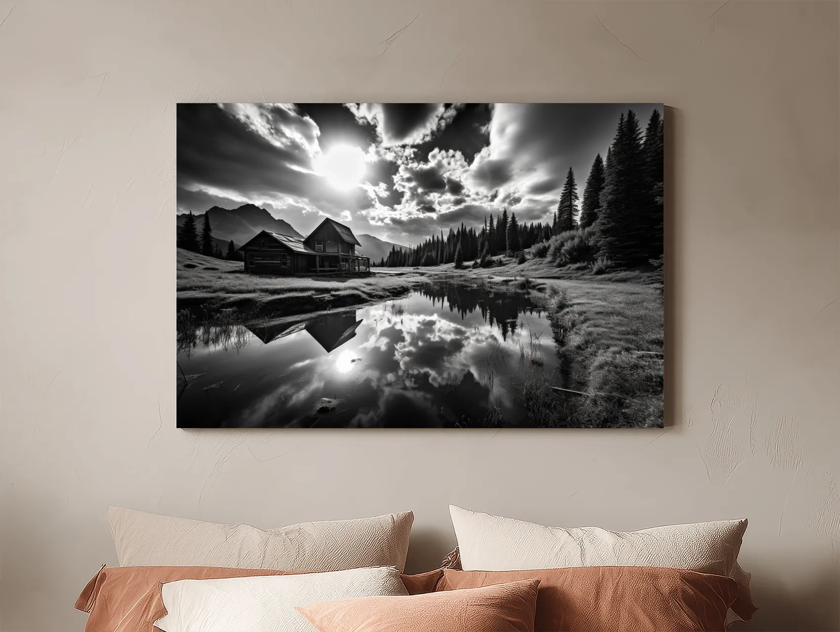 Moody Black And White Mountain Cabin Reflection - Dramatic Alpine Landscape Photography Wall Art
