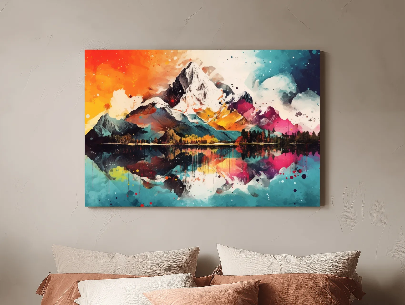 Vibrant Abstract Mountain Lake Collage Artwork - Colorful Watercolor Splash Wall Art